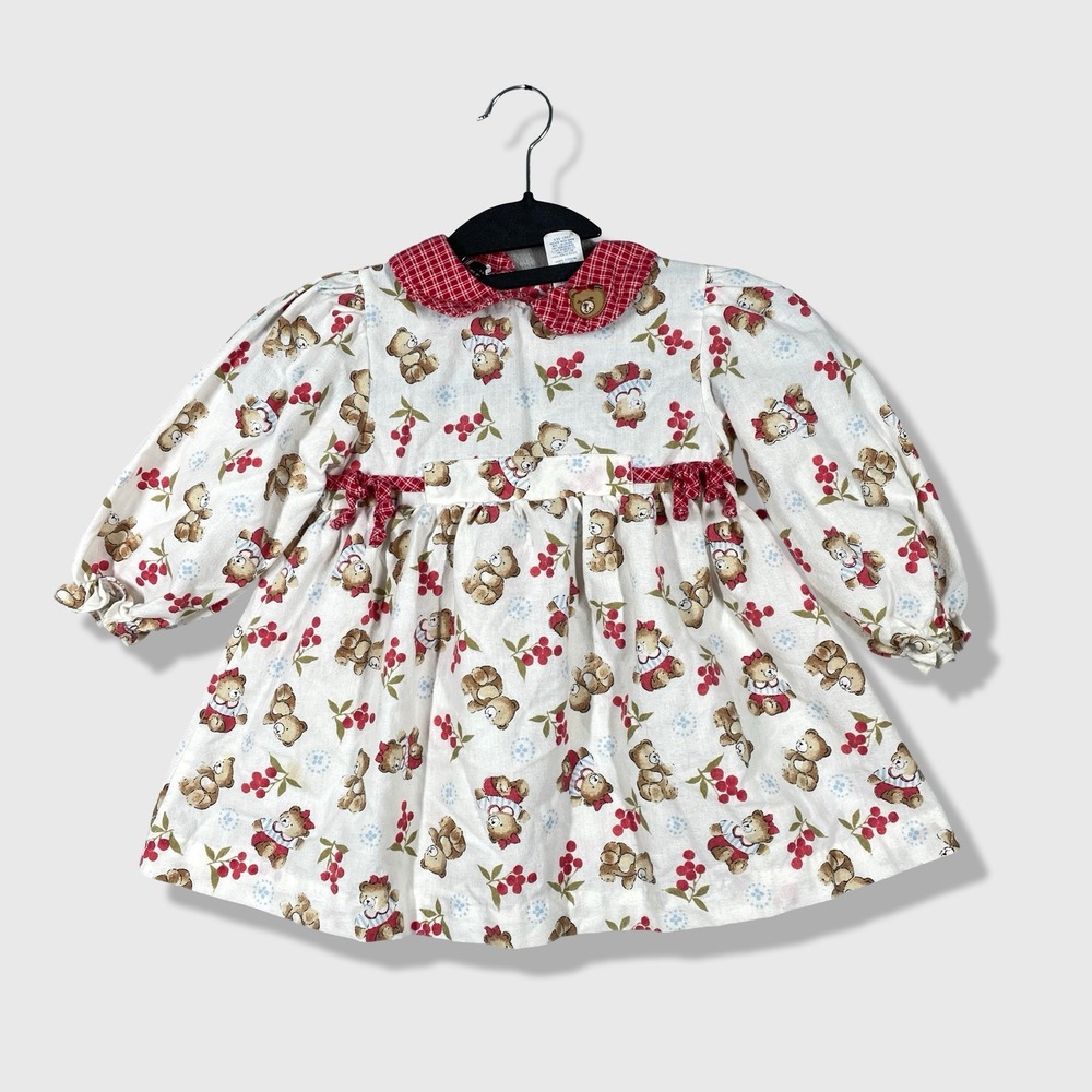 Mayfair Kids Bear Print Dress Kids 3T White Red Vintage Cottagecore Coquette